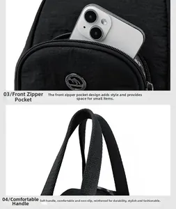 Détails du sac en nylon noir montrant la poche zippée avant et les poignées renforcées