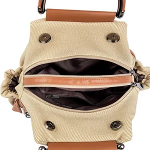 Dual-use straw and leather backpack for women with spacious multi-layer storage compartments