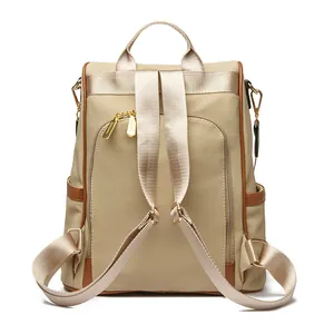 British style khaki anti-theft backpack for women with leather trim and large capacity