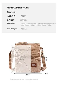 Detailed size chart of khaki washed denim bucket bag with multiple zipper pockets