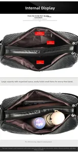 Detail of multi-compartment interior and woven texture of the black shoulder bag