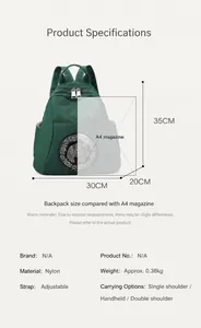 Waterproof nylon backpack with elephant sequin detail and size chart showing 35x30x20cm