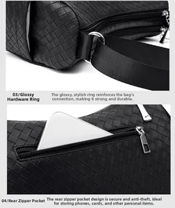 Detail of silver metal rings and functional rear zipper pocket on woven black leather bag