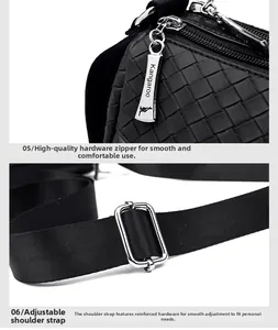 Detail of woven black leather texture with silver zipper and adjustable fabric strap