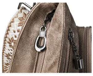 Detail of the smooth metallic zipper and the durable textured fabric on a bucket bag