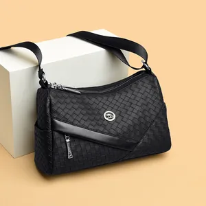 Fashion Women Woven PU Leather Crossbody Bag Square Shoulder Bag Animal Logo Wide Strap Dual Compartment Casual Handbag