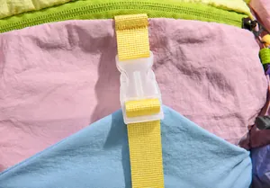 Détail d'un sac à dos en nylon multicolore avec boucle en plastique et sangle jaune vif