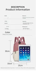 Detailed size chart and internal capacity of grey-pink lightweight waterproof backpack