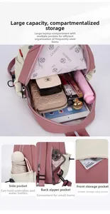 Detail showing multi-layer compartments and laptop sleeve in pink nylon backpack