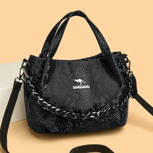 Women Fashion Snake Skin Pattern PU Leather Handbag With Chain Decoration Shoulder Crossbody Bag For Daily Party Travel
