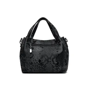Black snakeskin textured tote bag with top handles and a convenient back zipper pocket
