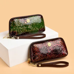 Vintage Leather Clutch Bag For Women 3D Peony Floral Embossed Handbag Long Wallet With Zipper Wristlet Elegant Purse