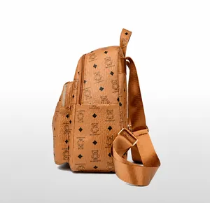 Side view of brown faux leather backpack with bear print and adjustable straps