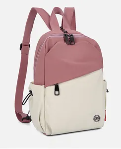 Detail of color-blocked backpack with LST logo and adjustable shoulder straps