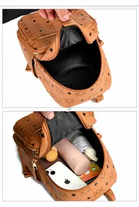 Internal structure of brown bear print backpack showing main compartment and side pocket