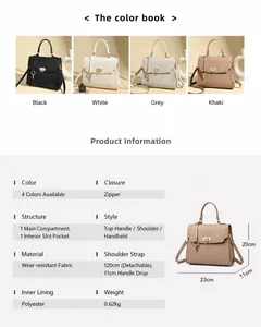 Detaillierte Maßtabelle und Vierfarbanzeige für die Echtlederhandtasche