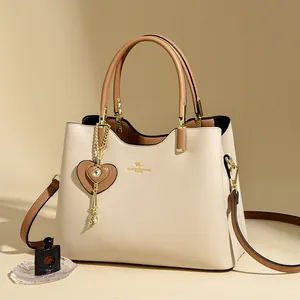 Women Elegant Split Leather Tote Bag With Kangaroo Logo Heart Pendant Elegant Handbag Shoulder Bag For Work Office Daily