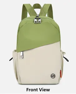 Detailed front view of contrast color backpack featuring avocado green and beige tones