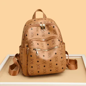 Women Korean Fashion Little Bear Printed Backpack Casual PU Leather Travel Rucksack With Gold Hardware For School Students