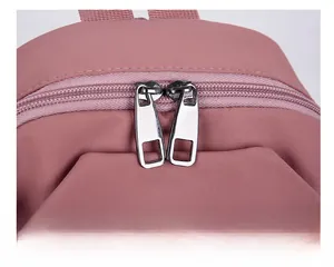 Detail of premium dual metal zippers on high-quality nylon backpack with smooth texture