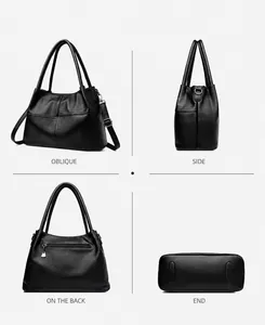 Detalle de un bolso de cuero negro con bolsillo trasero de cremallera desde cuatro ángulos