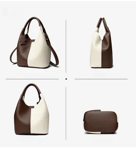 Detailed four-angle view of leather bucket bag showing grain texture and contrast colors