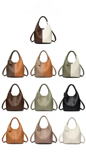 Detailed grid of leather tote bags in ten colors with litchi texture and bear charms