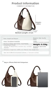 Detailed size specifications of the leather bucket bag with dimensions and scale comparison