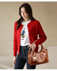 Dettaglio della borsa a mano in pelle marrone con pochette e cardigan rosso a maglia