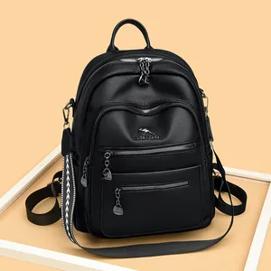 Women's Composite Cowhide Leather Backpack Fashion Litchi Texture Multi-Pocket Travel Bag Decorative Strap Casual Schoolbag