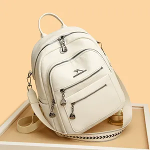 Creamy white leather backpack for women with kangaroo logo and woven strap detail