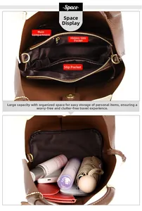 Detailed view of the leather tote interior showing multiple pockets and storage capacity