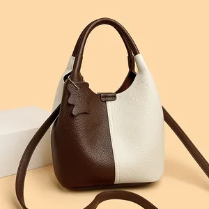 Women's Genuine Leather Bucket Bag Fashion Contrast Color Handbag Commuter Shoulder Tote Bag With Bear Charm Large Capacity