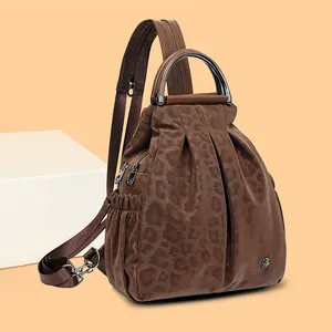 Damen Mode Leopardenmuster Plissiert Rucksack Casual Reise Brusttasche Mit Metall Rundgriff Und Blumendekoration Mehrzweck-PU-Leder Tasche