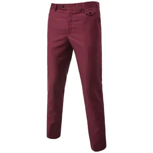 Detail of burgundy men's dress pants showing waist button and unique coin pocket
