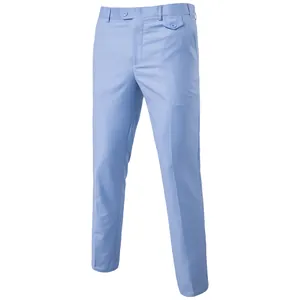 Detail of light blue slim fit dress pants featuring front watch pocket and sharp crease