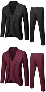 Detail van slim fit zakelijke pakken in zwart en bordeauxrood met vesten met vijf knopen