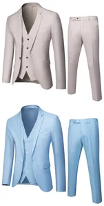 Gedetailleerde vergelijking van slim fit herenpakken in beige en lichtblauw