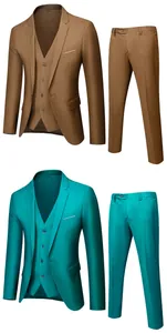 Detailweergave van slim fit herenpakken in kaki en blauw met colbert en vest
