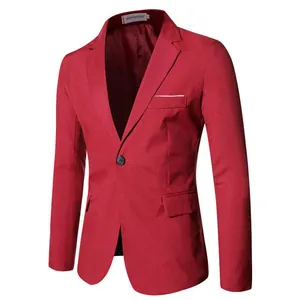 Detail of red slim fit casual suit blazer showing notch lapel and white piped pocket