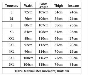 Size chart for slim fit business suit trousers ranging from size S to 6XL in centimeters