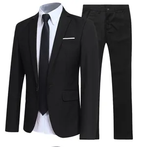 Detail of classic black three-piece business suit with notched lapel and flat-front trousers