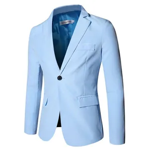Detail of light blue casual suit jacket featuring single-button closure and notch lapels