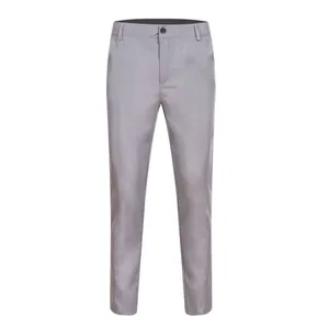 Detail of grey slim fit men's formal trousers with smooth fabric and belt loops