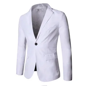 Detail of a white slim fit suit jacket with notch lapel and single button closure