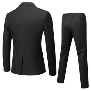 Slim fit black business suit for men including blazer and trousers, rear view display