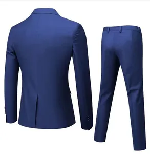 Rear view of slim fit blue business suit jacket with back vent and matching trousers