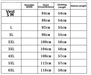 Tabella taglie per gilet da uomo elegante con misure da S a 6XL espresse in centimetri