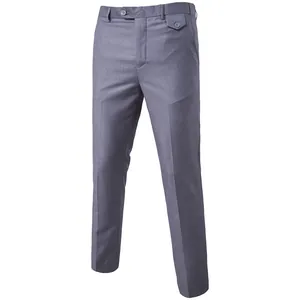 Slim fit men's grey business trousers with crisp creases and buttoned waist pocket