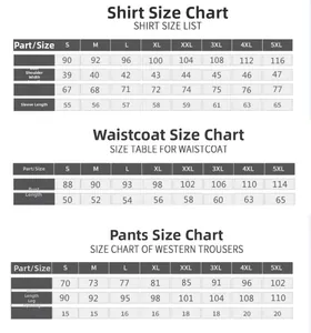 Detailed size chart for men's white suit including jacket, waistcoat, and trousers (S-5XL)